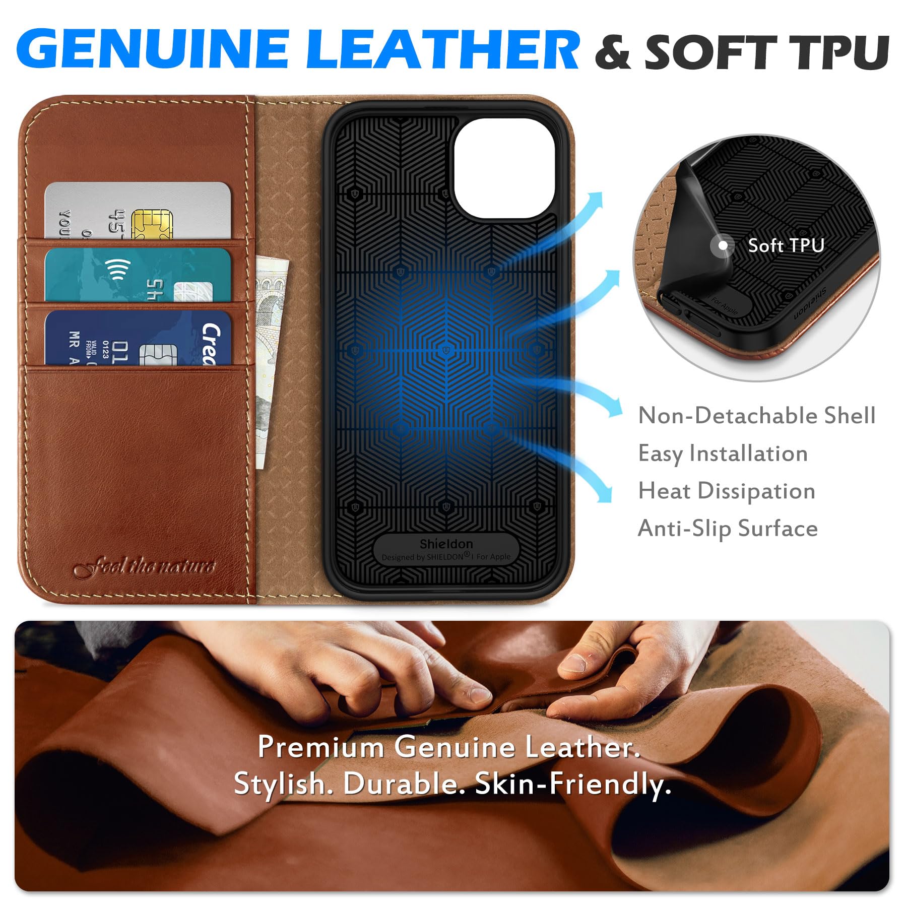 SHIELDON Funda para iPhone 15 Plus 5G, Carcasa Case Cover de Cuero Genuino con [Cáscara TPU][Bloqueo RFID][Ranura para Tarjeta] Funda Piel Compatible con iPhone 15 Plus (6.7", 2023), Marrón Retro