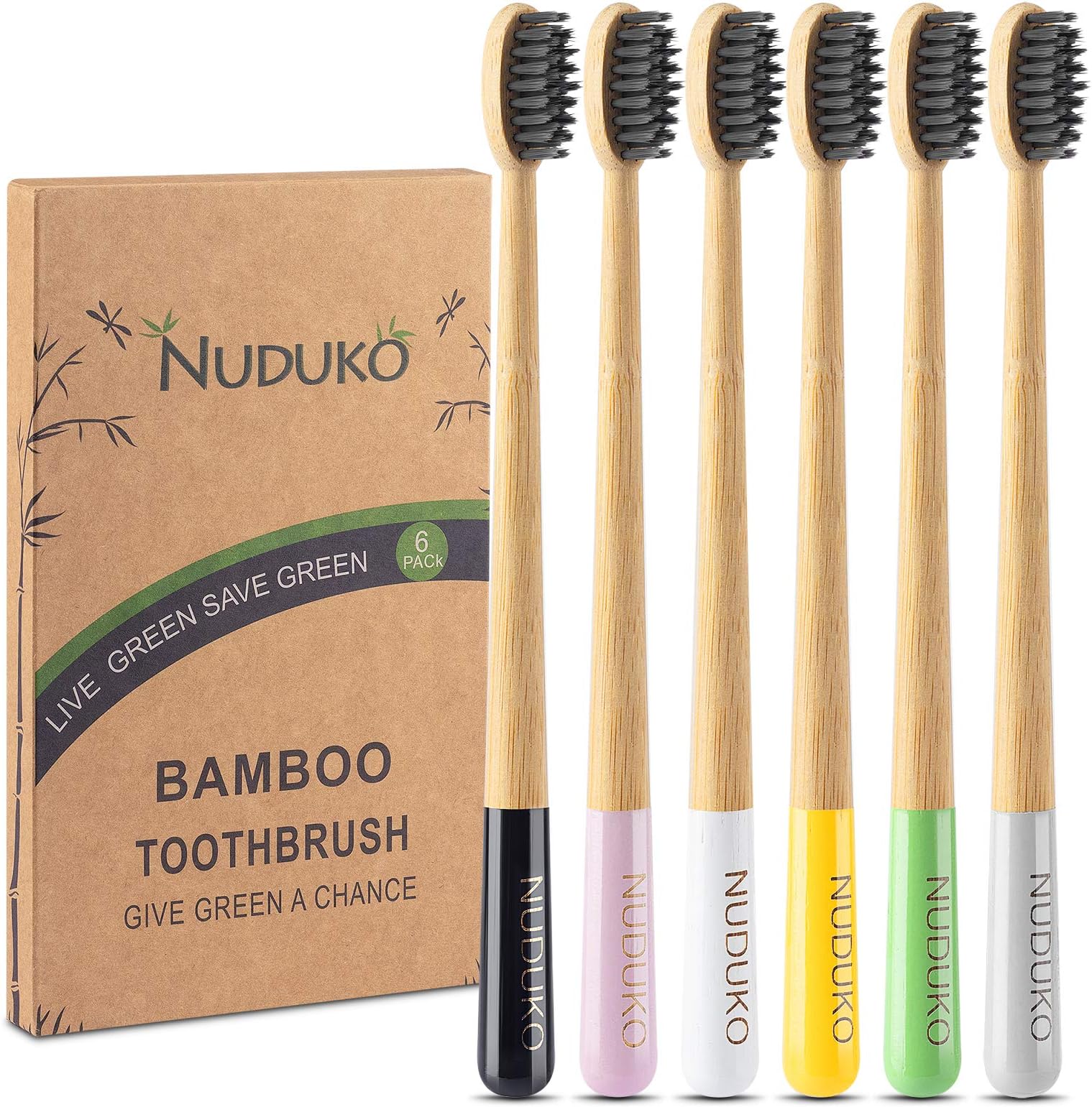 NUDUKO Biodegradable Charcoal Toothbrush Bamboo Toothbrushes - 6 Pack Eco-Friendly, Natural Wooden Tooth Brush, BPA Free Travel Size Organic Soft Bristle Toothbrushes for Adults, Cone Handle