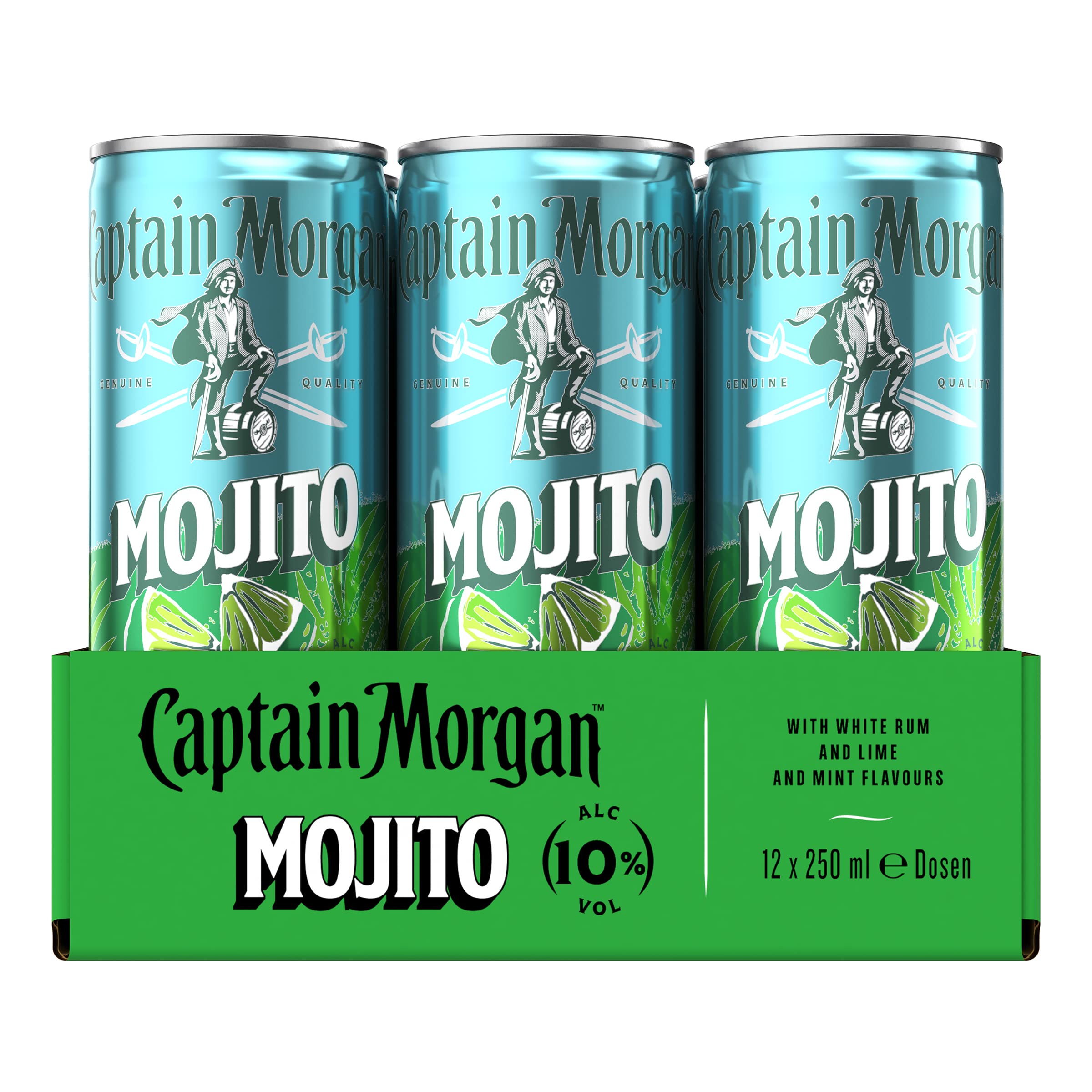 Captain Morgan White Rum Mojito, Erfrischendes Mixgetränk mit 10 Prozent Alkohol, 12 Dosen x 250 ml (EINWEG Verpackung), Weißer Rum mit Limetten- und Minzgeschmack für unterwegs