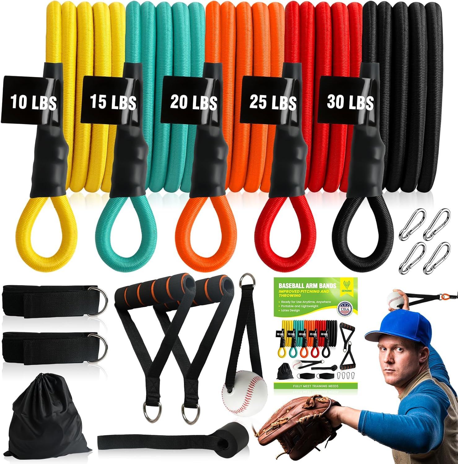 Baseball Arm Bands Training Kit - CEYOME (5pcs-5 Resistant Level) Baseball Bands, with Baseball Bat, Handles, Door Anchor, Ankle Strap and 4 Hooks, for Improve Arm Strength & Pitching Training