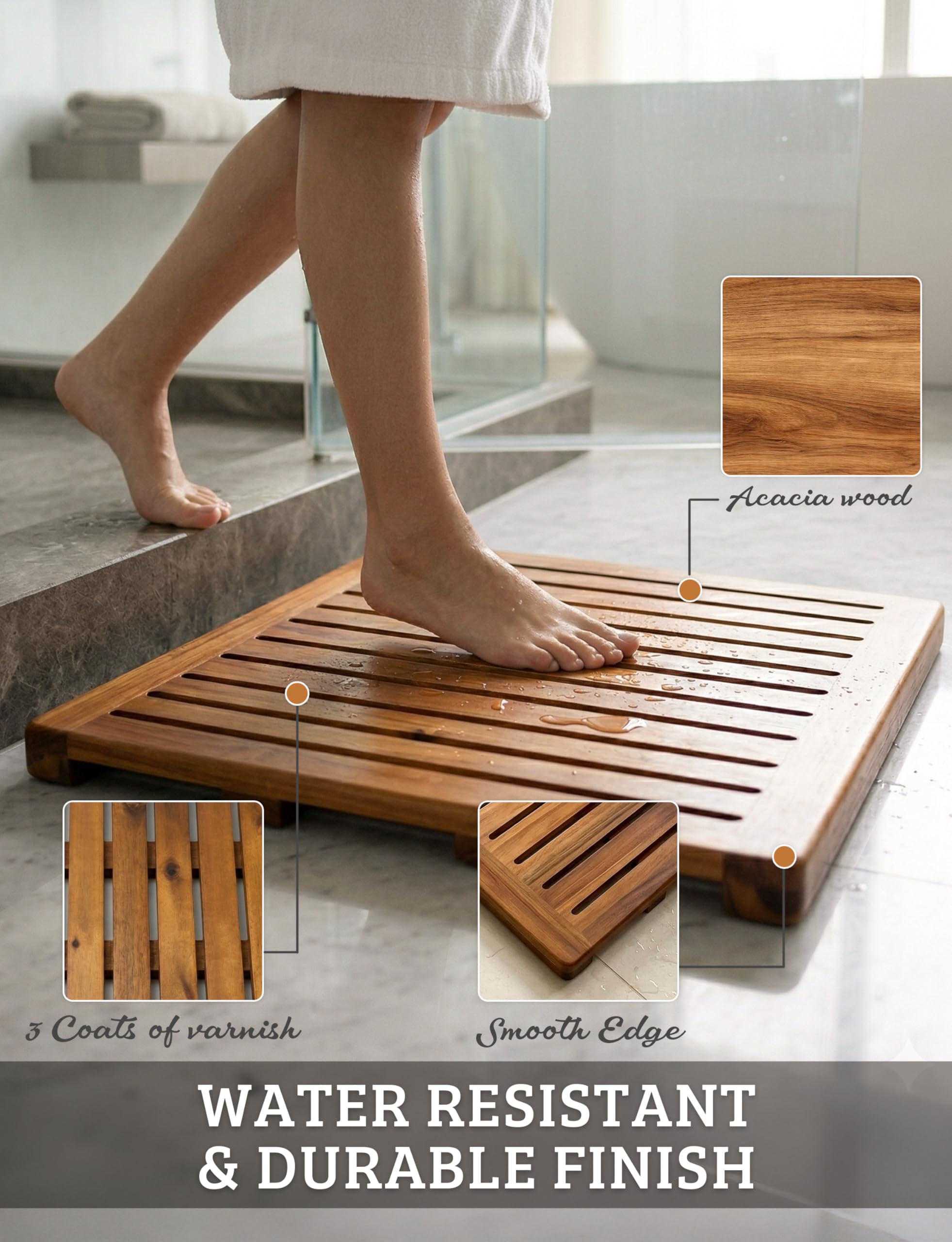 Demigo, tappetino da doccia in legno di acacia, 53 x 53 cm, di lusso, antiscivolo, per bagno, vasca da bagno, doccia, spa, giardino, casa, quadrato, grande, per esterni e interni