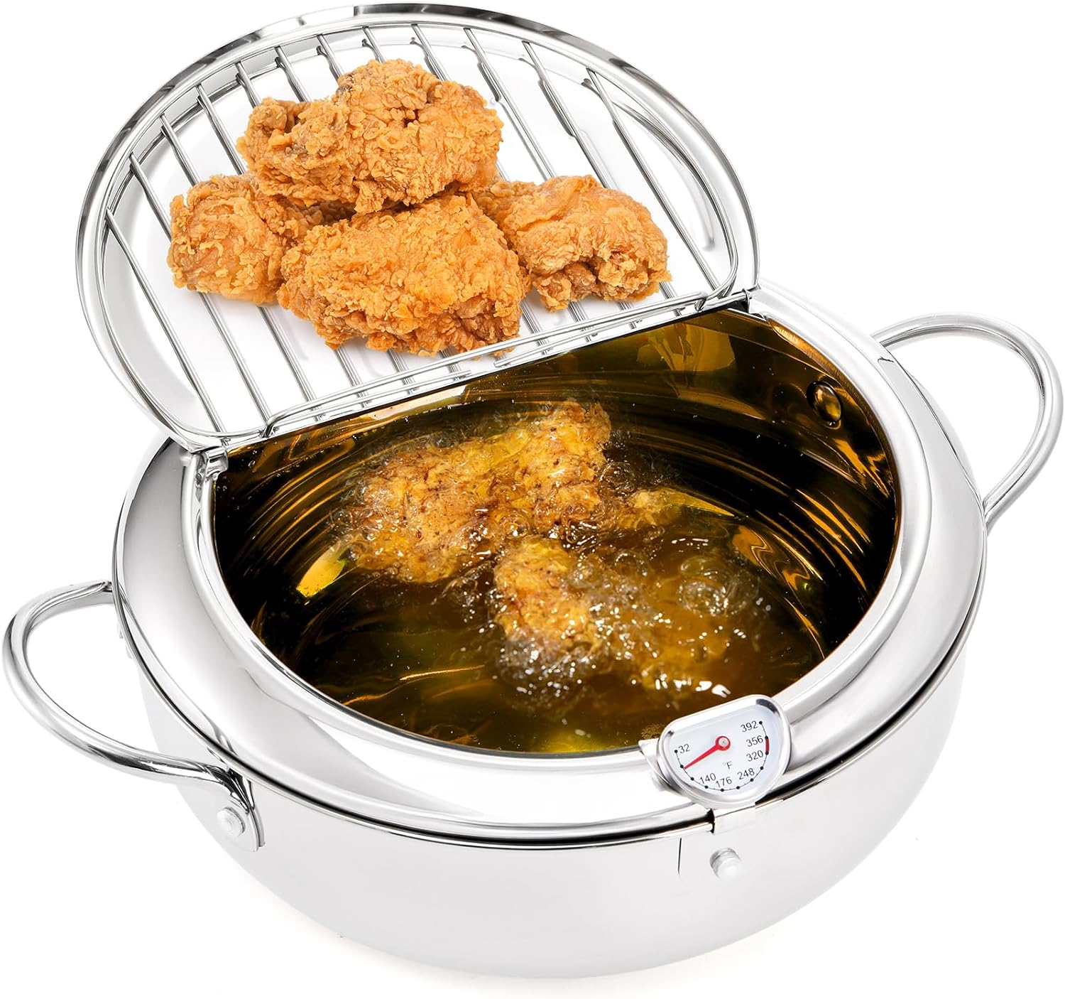Yopay Deep Fryer Pot 304 Stainless Steel, 3.4L Frying Chicken Pot with Thermometer Control and Lid, Japanese Style Tempura Fryer Pot