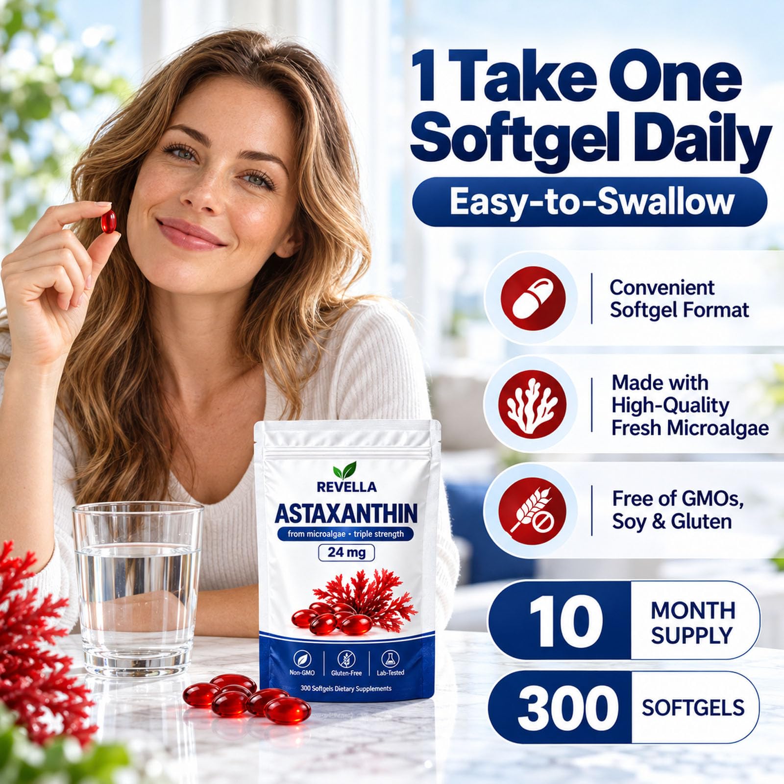 Revella Astaxanthin, 24mg Softgel Supplements, Antioxidant Support, Skin, Eye & Joint Wellness, Non-GMO, Gluten-Free, 300 Softgels — Amazon image 3