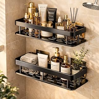 DALUCI Bathroom Shelf Without Drill for Wall | Self Adhesive Bathroom Organiser | Wall Mounted Bathroom Shelves Rack | Strong Adhesive Storage Organizer Stand (Black, Pack of 2) - Amazon product rated Grade A