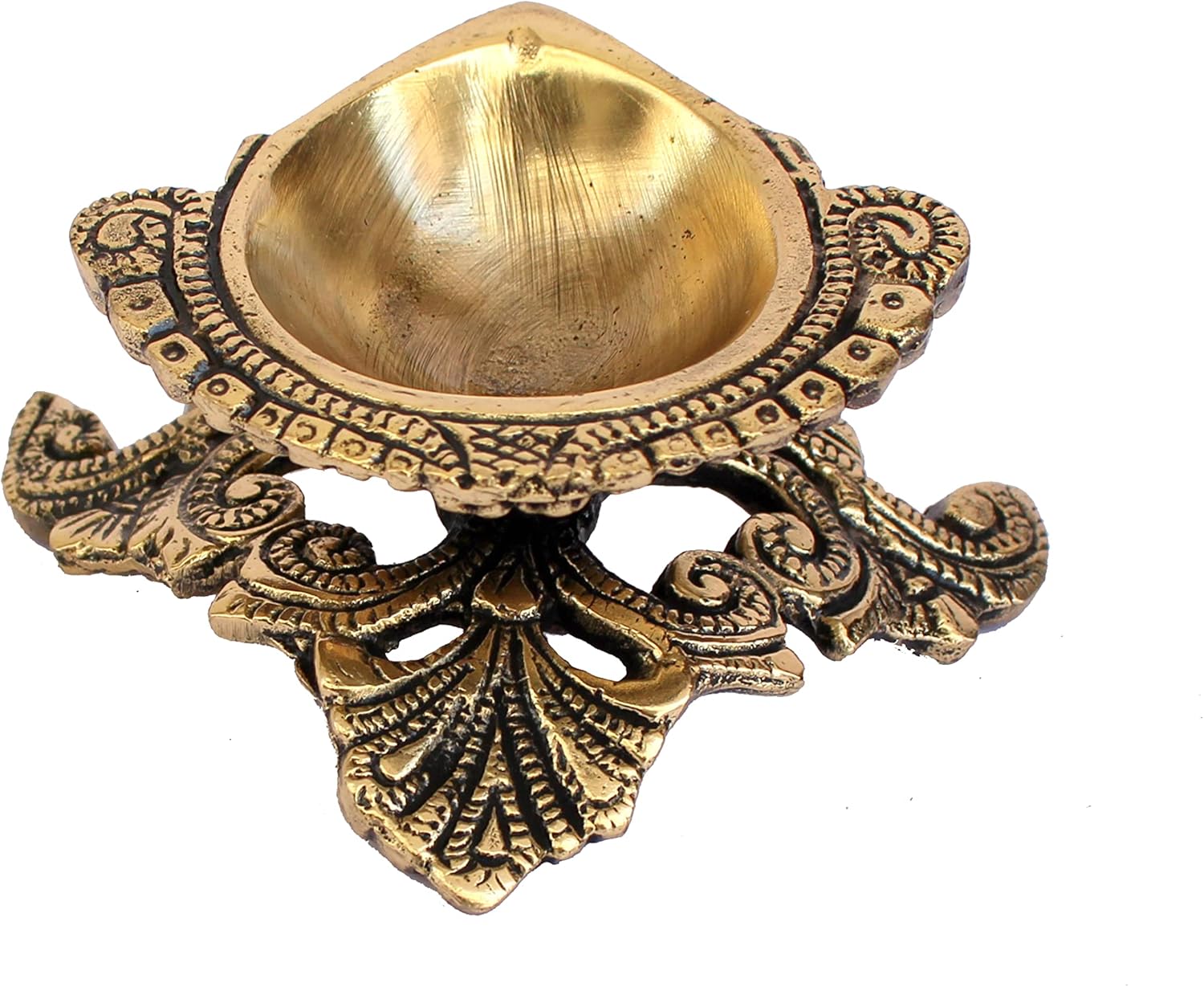 Esplanade Brass Aarti Diya with Wooden Handle – Traditional Deepak for Pooja, Temple, Diwali Oil Lamp, Navratri Diya, Dhoop Dani (Intricate)