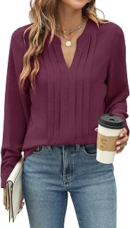 Blooming Jelly Women's Long Sleeve Blouses Dressy Casual Business Work Tops | V Neck, Pleated Front, Professional, Formal, Dress Shirts, 2026 Fall Outfits, Trendy, Cute Clothes, for Office, Interview