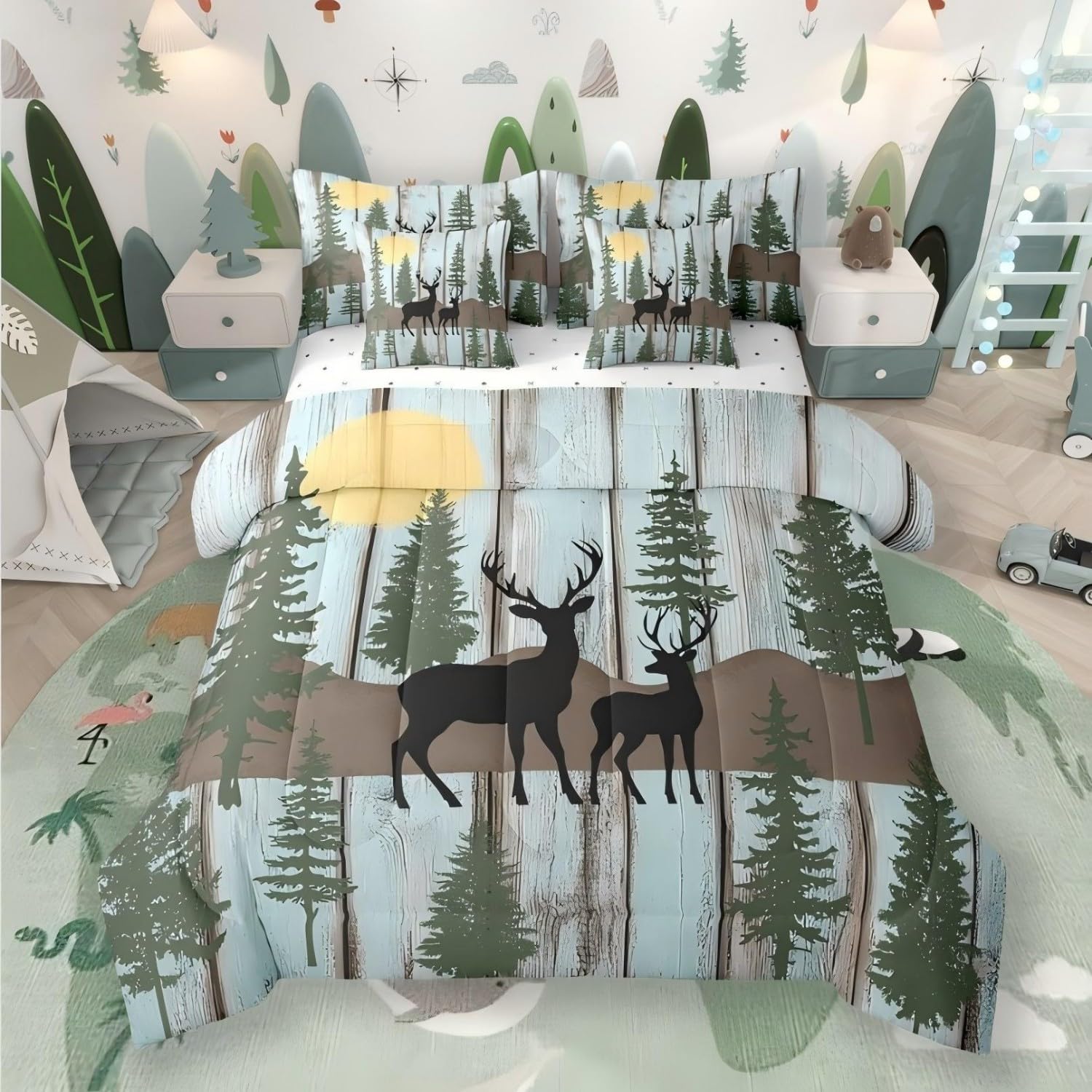 Erosebridal Elk Deer Twin Comforter Set with Sheets, Christmas Reindeer Pine Trees 7 Piece Bedding Set Farmhouse Arts Rustic Barn Door Bed in a Bag, Vintage Countryside Wood Board Bed Sets, Green
