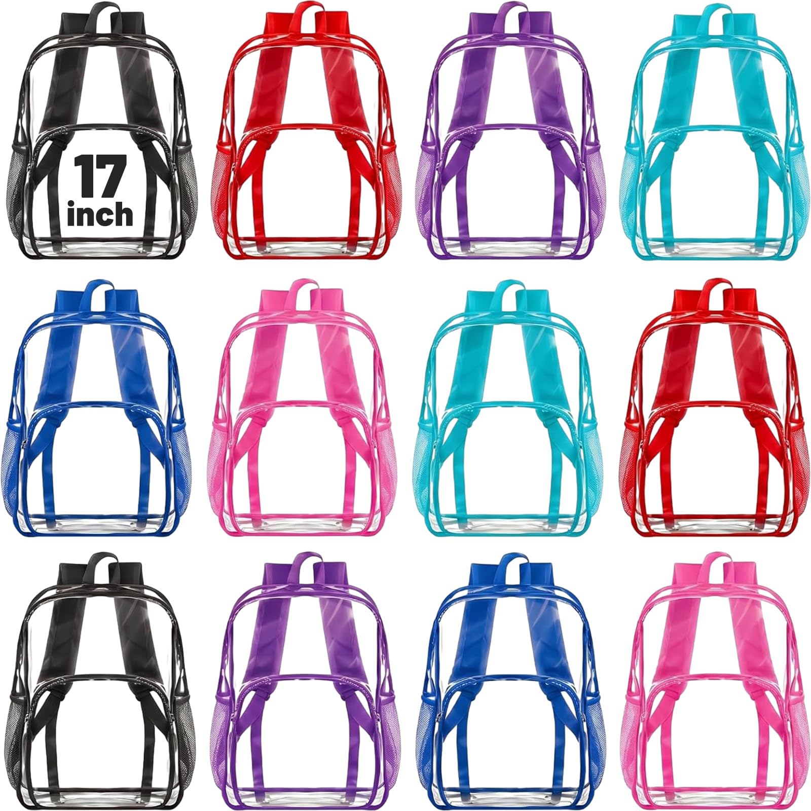 Amylove 12 Pcs Clear Backpack bulk for Stadium Events Heavy Duty PVC Transparent Bookbag for College Workplace Security (17 Inches,6 Colors)