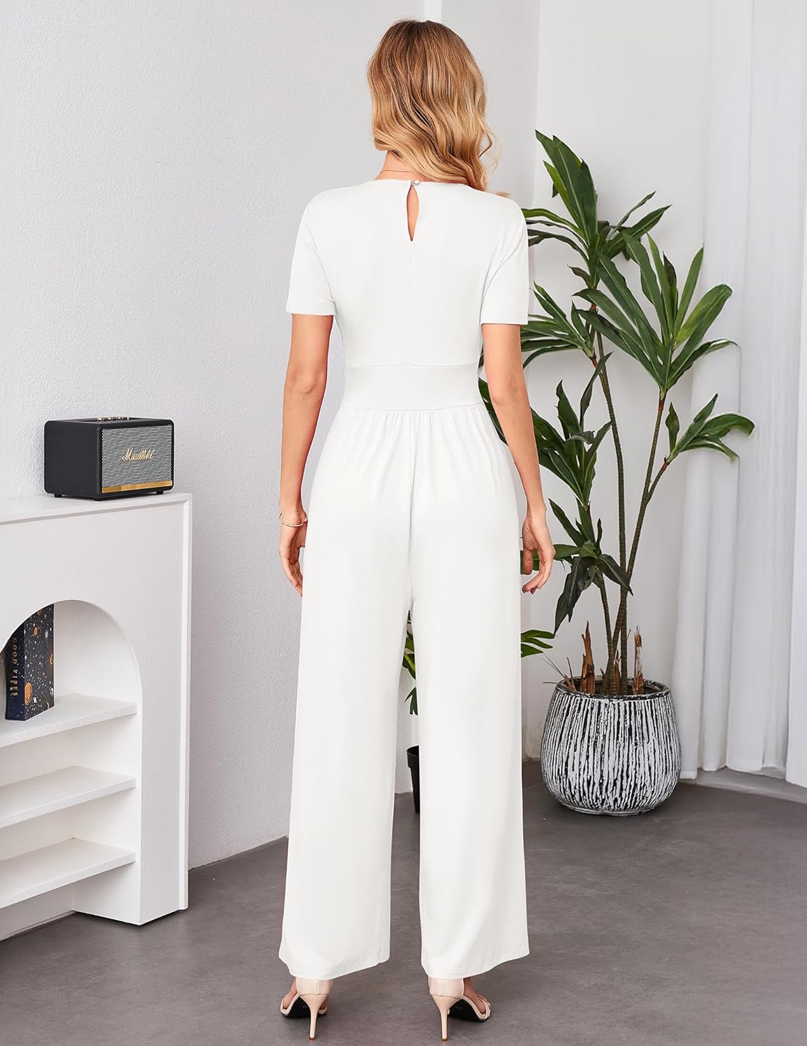 Women's Summer Casual Deep V Neck Short Sleeve Jumpsuits Dressy Casual 2026 Romper High Waist Wide Leg Pants White XXL - Image 3