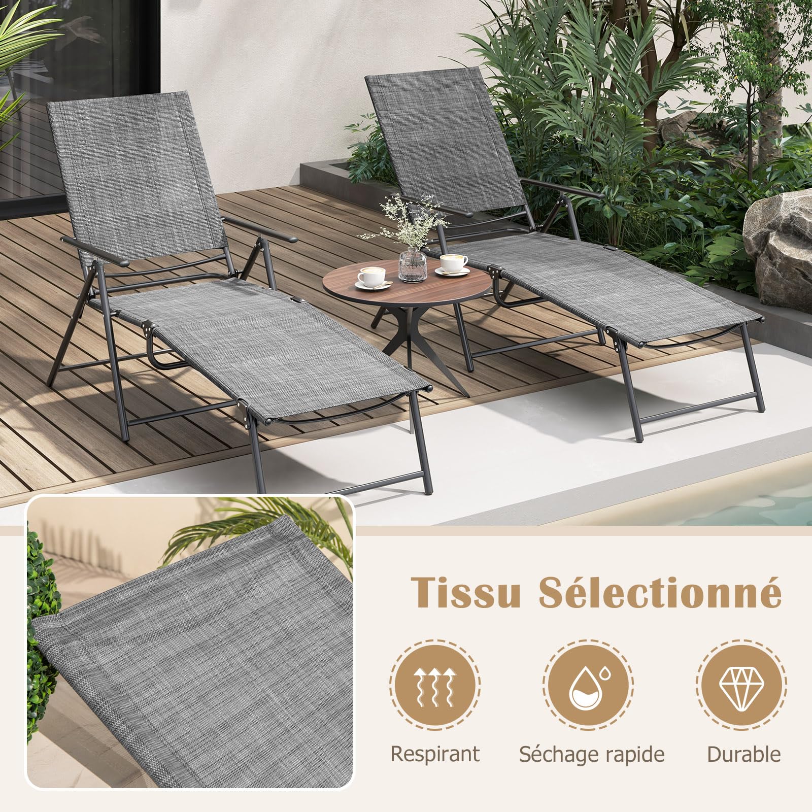 GIANTEX Lot de 2 Transats Jardin Extérieur, Chaises Longues Pliables avec Dossier et Repose-Pieds Réglables, Transats Pliables, Charge 150 KG, Bain de Soleil pour Jardin, Piscine, Patio (Gris)