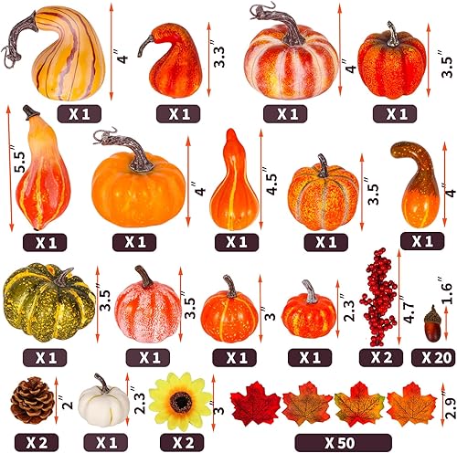 Miniatura 2 de Atonofun Calabazas artificiales de Acción de Gracias para decoración de otoño para el hogar, 88 piezas, 50 hojas, 20 bellotas, 2 piñas, 14 calabazas