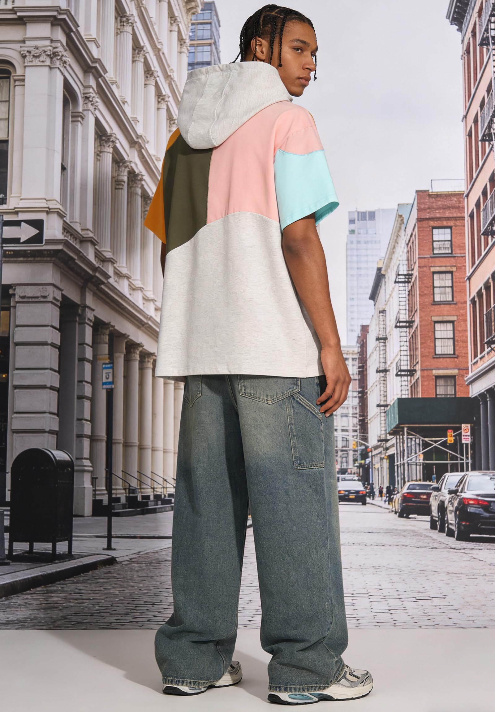 Sweat Manche Courte Homme Coton Tee Shirt à Capuche Color Block Pull à Capuche L'été Hoodie