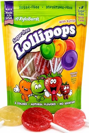 Xyloburst Sugar-Free Xylitol Candy Lollipops Suckers Made With Natural Flavors and Natural Colors, Good For Your Teeth, Dentist Recommended - Made in the USA 50 Count