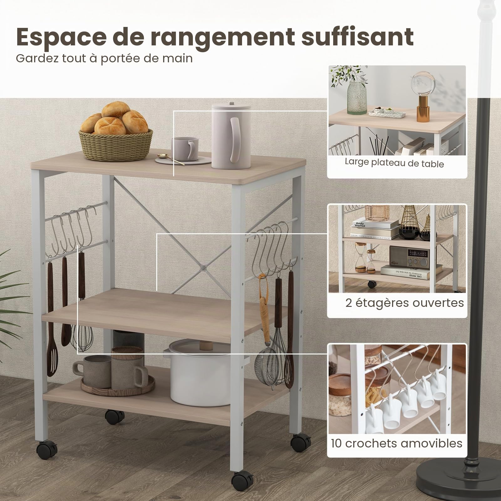 KOMFOTTEU Chariot Cuisine avec 10 Crochets en S, 3 Niveaux, 60 x 40 x 73cm | Étagère mobile pour Micro-ondes avec plateaux réglables en Hauteur, Desserte de Service, beige