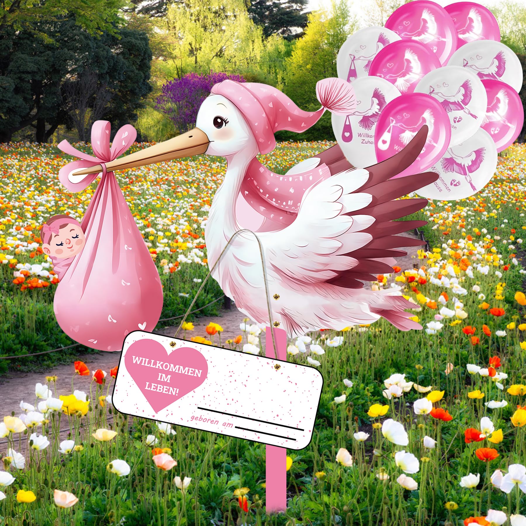 Klapperstorch Set zur,81cm hoch storch,10Pcs Neugeborene Balloon,Großer niedliche Holz Klapperstorch,Beidseitig Bedruckt,Holzstab+ Namensschild Grußkarte