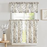JINCHAN Floral Linen Kitchen Tier Curtains Set with Valance, Farmhouse Black Floral 24" Tiers for Small Windows, Cafe Bathroom Living Room, Rod Pocket 3-Piece