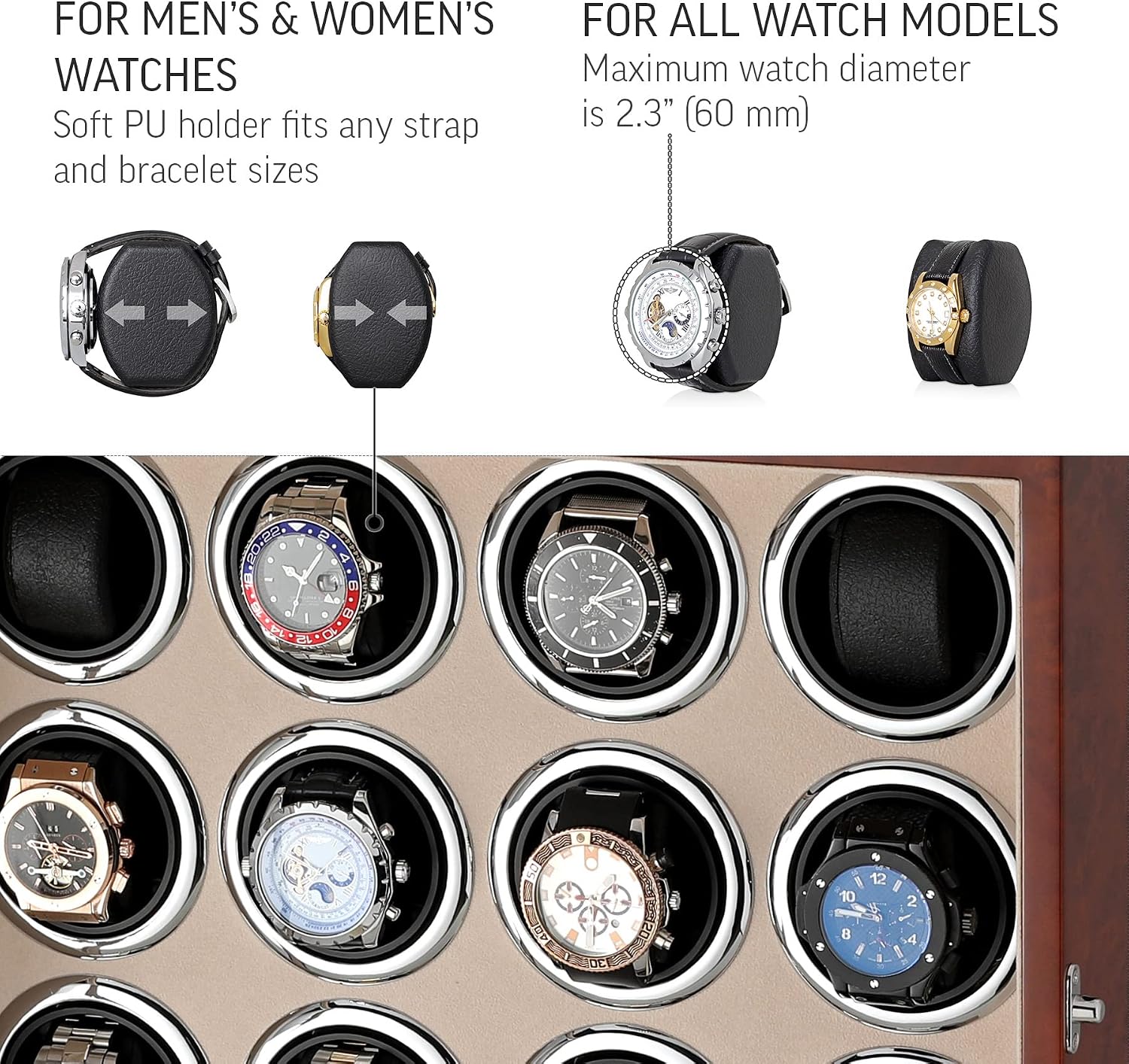 16 Watch Winder for Automatic Watches with LED Interior Light and Coordinated Rotor Stop