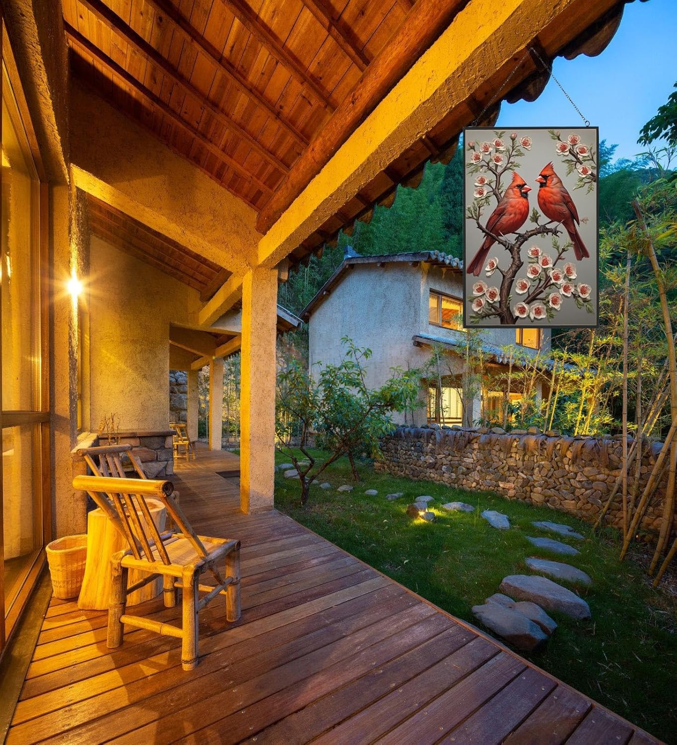 Large Stained Glass Window Hanging, Cardinal Suncatcher, Hand Painted Glass for Bird Lovers - Red Cardinal Memorial Gift for Women (10 x 15in)