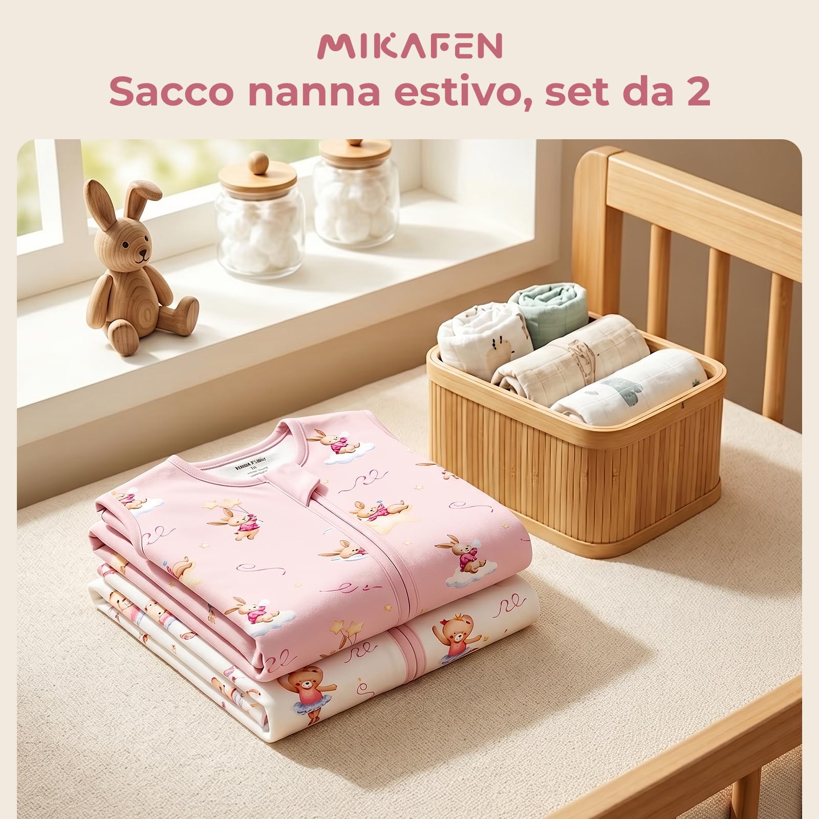 Confezione da 2 Sacchi Nanna Estivi per Bambini 0,5 Tog, Cotone Sacco Nanna Estivo per Bambini per Ragazzi e Ragazze, Motivo rosa: orsetto e coniglietto, 6-14 Mesi