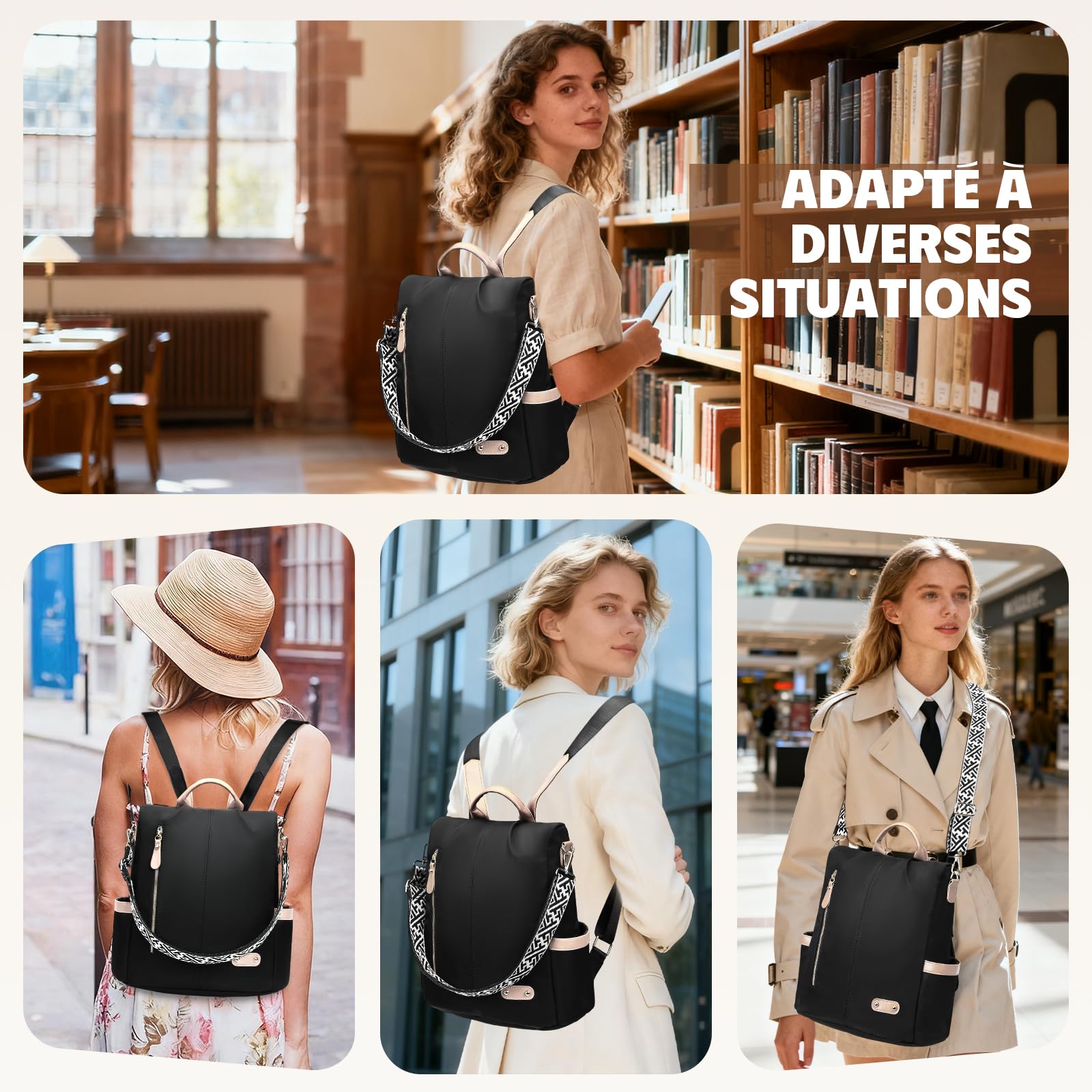 Sac a Dos Femme Antivol, Sacs à Main Portés Dos Elegant Leger, Petit Sac à Dos Impermeable Chic avec Étui Carte Bancaire Anti Piratage & Pochette pour Voyage Ville Balades Transport en Commun