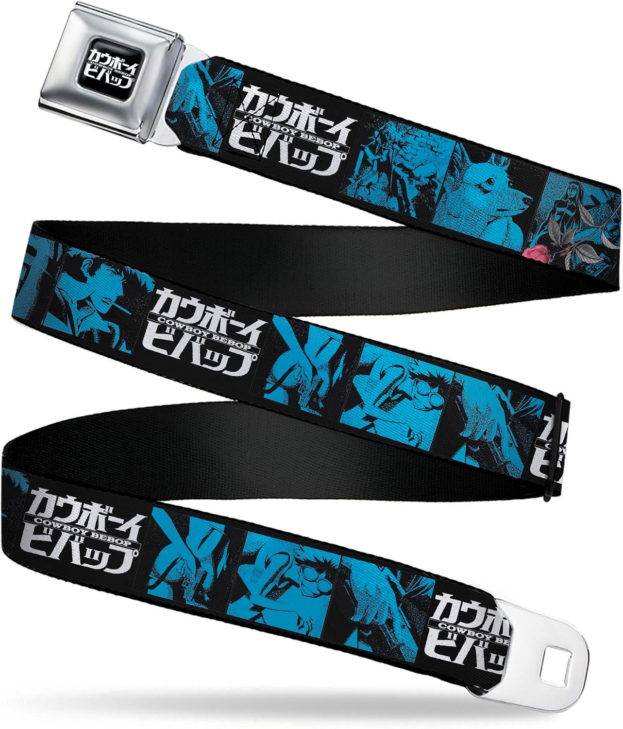 Cowboy Bebop Belt, Seatbelt Buckle Belt, Cowboy Bebop Title Logo and Character Blocks Black Blues, Adjustable
