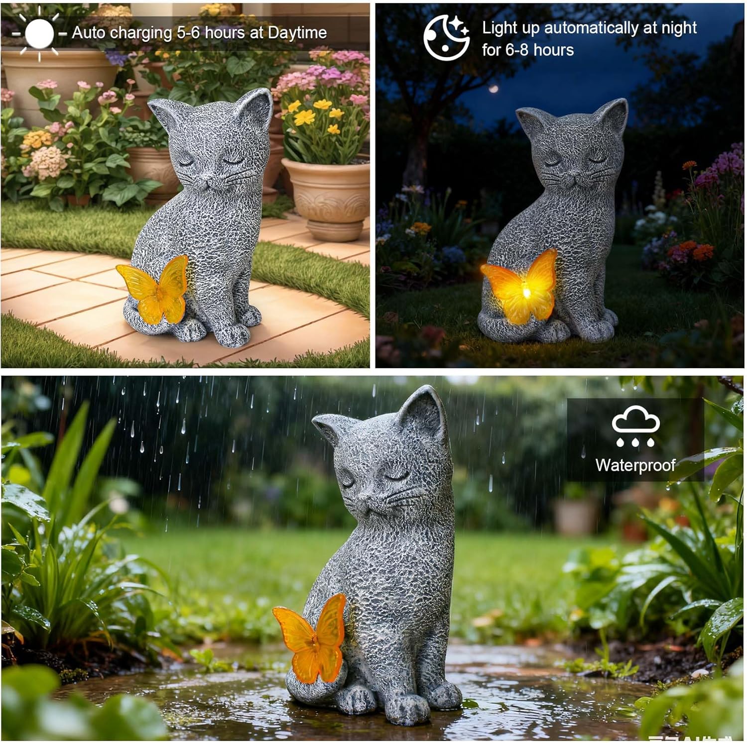 Solar Cat Statue Garden Decor with Butterfly Light, Outdoor Decor Statues Yard Art Decorations Lawn Porch Patio Balcony, Gardening Gifts Birthday Choice for Cat Lover Women, Mom, Grandma