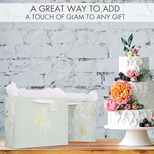 Miniatura 10 de Juego de 2 bolsas de regalo hermosas  Bolsas grandes de 13 pulgadas con asas, incluye papel de seda a juego, tarjetas y calcomanías, reutilizables y