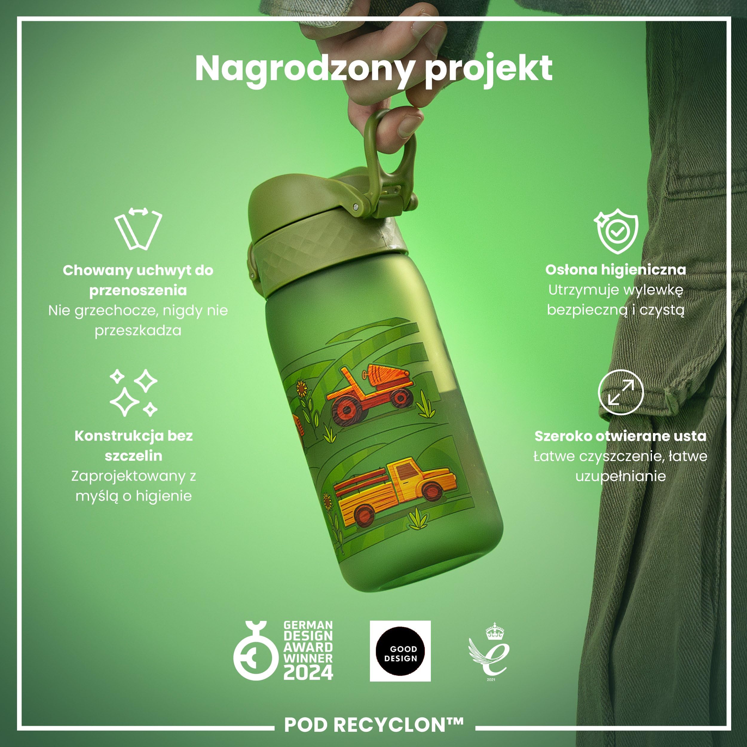 ION8 Butelka dla Dzieci, 350 ml/12 oz, Szczelna, Łatwa do Otwarcia, Bezpieczny Zamek, Można Myć w Zmywarce, Bez BPA, Uchwyt do Przenoszenia, Łatwa do Czyszczenia, Bezwonny, Maszyny Rolnicze
