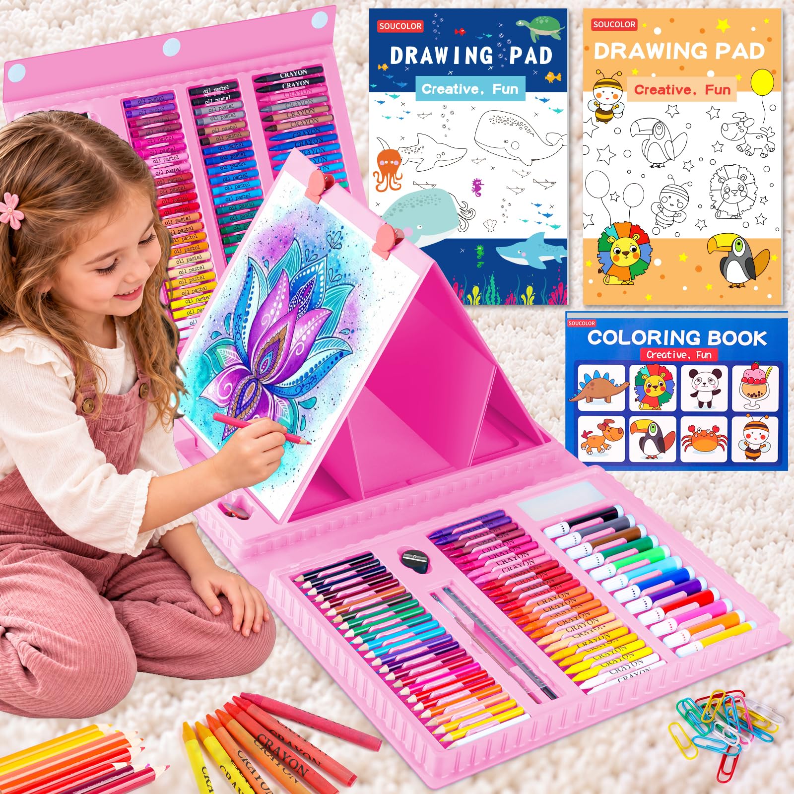 Soucolor 283Pcs Art Supplies for Girls Gift Drawing &amp; Coloring Set Pink