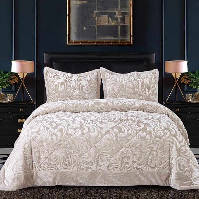 B&B Luxury Velvet Quilted Bedspread King Size Bedding Set 3 Piece with Matching Shams - Super Soft Warm Quilt Blanket for Bedroom Decor for Teen Girls - Beige