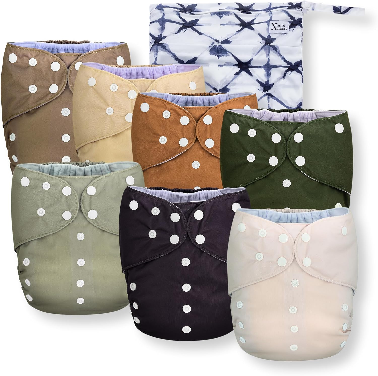 Nora's Nursery Large Pocket Cloth Diaper 7 Pack for Toddlers 35 to 55lbs with 1 Wet Bag - Waterproof Cover, Washable, Reusable & One Size Adjustable - Down to Earth