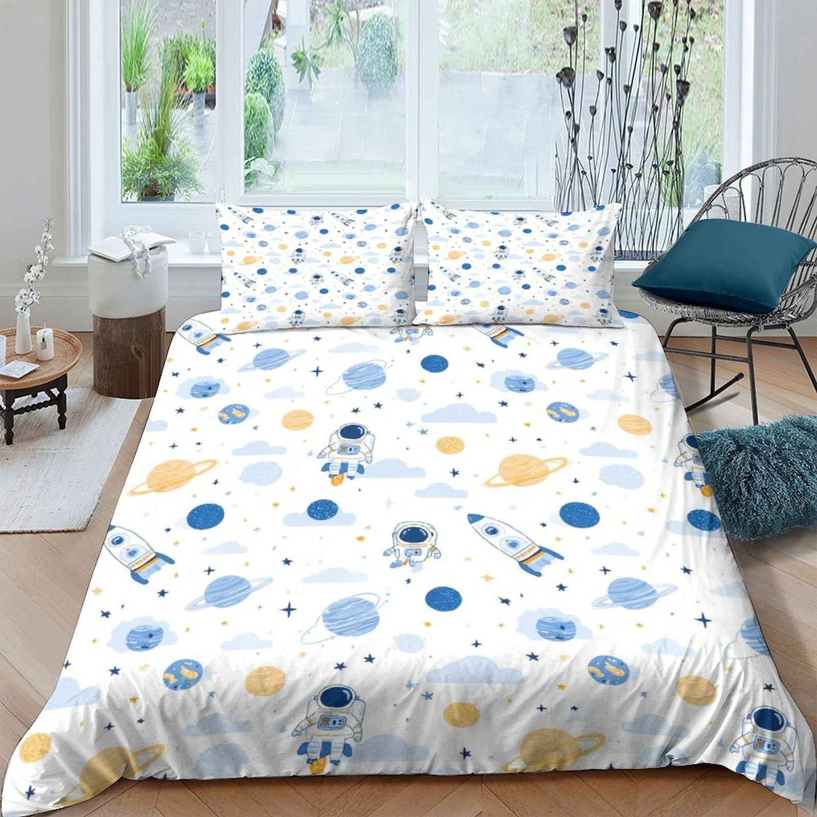 Ctjqhvkz Style-9 3D Printed Space Planet Fitted Sheet Microfiber Soft Blue Yellow Rocket Bed Cover For Bedroom Guestroom Dorm Decor Single（135X200cm）