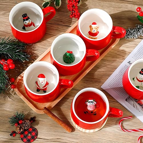 Miniatura 4 de Uiifan 6 tazas de café con diseño de animales en 3D de 13.5 onzas, regalos para el día de San Valentín, muñeco de nieve de cerámica, Papá Noel,