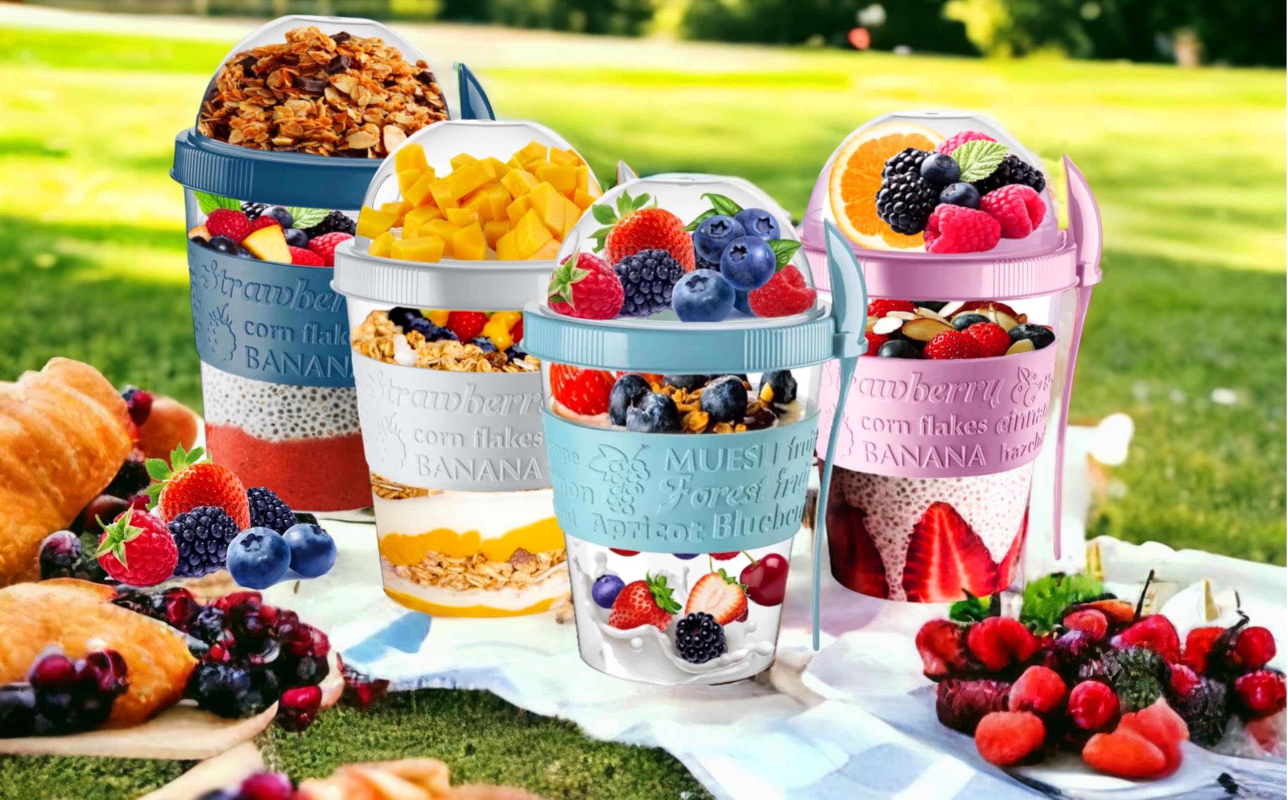 4All Reusable Yogurt Pots 600ml With Spoon Cereal Storage Containers With Lid Airtight Overnight Oats Jar BPA Free Breakfast Cup Cereal On The Go Dishwasher Safe (Pack 4 Teal,Pink,Blue,Grey)