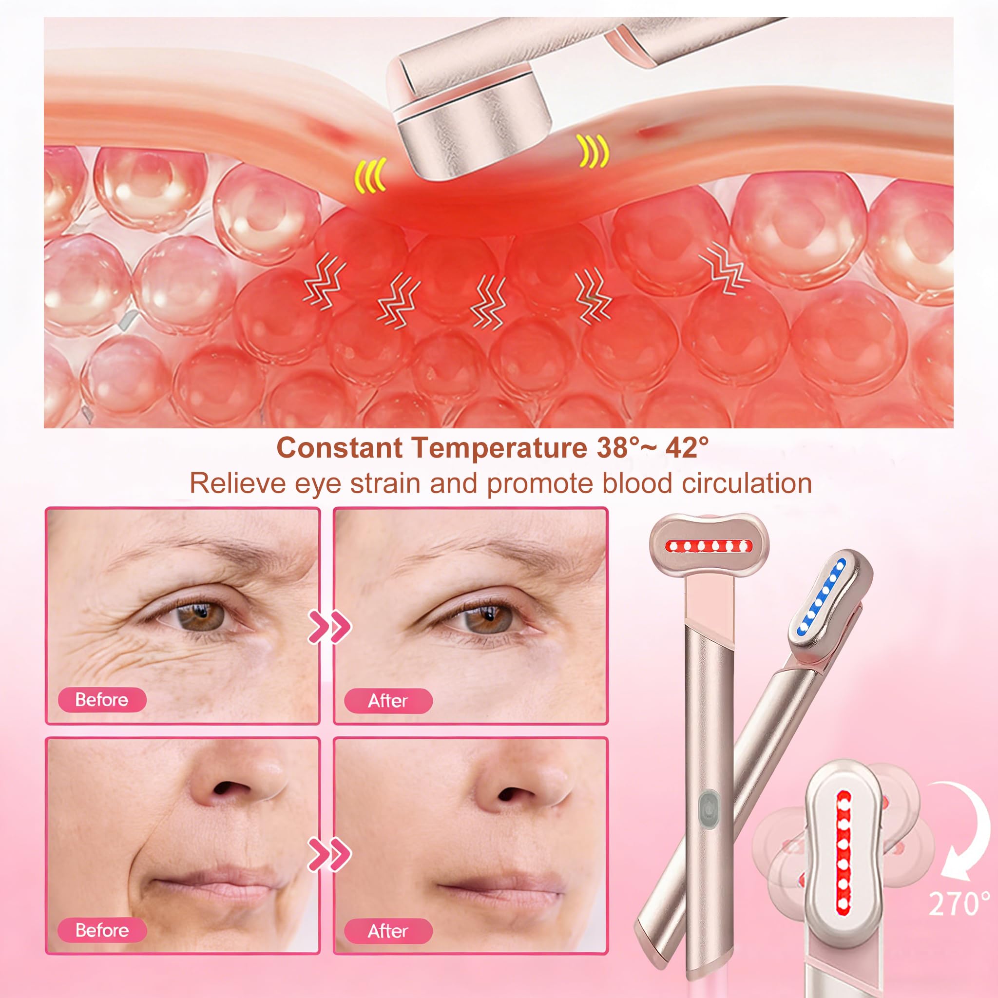 Appareil Anti Rides Soin Yeux, Massage Visage Apparei EMS 12000 Vibrations/Min avec Chauffage 42℃ Lumières Rouge & Bleue et Tête Rotative à 270° pour Raffermissant, Illumine le Teint