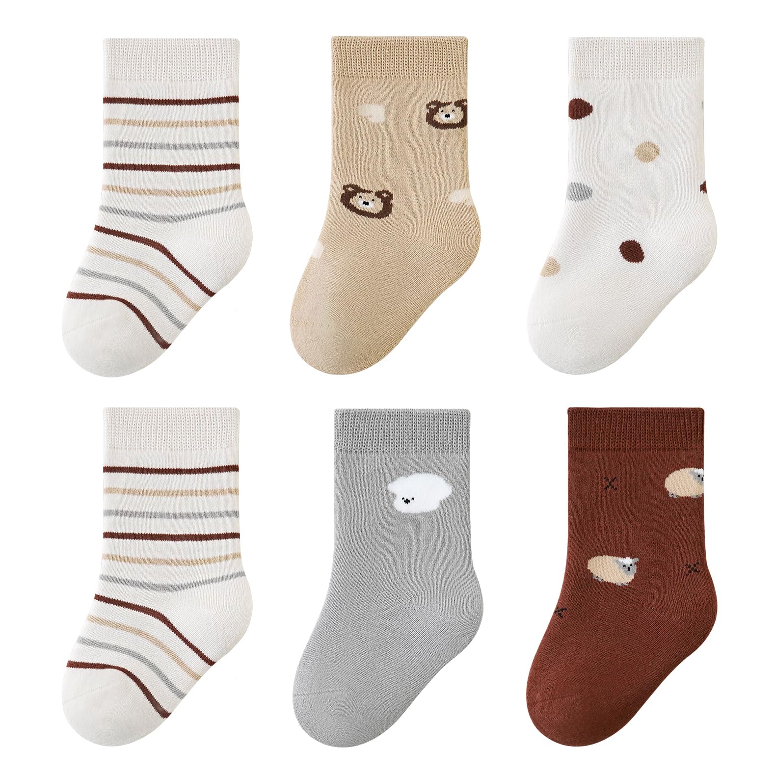 Belsmi Thick Baby Socks Kids Ankle Toddler Crew Socks with Grips Long Tube Stocking Warm Thick Cotton Winter Socks (US, Age, 3 Months, 12 Months, Animal Bear Stripes)