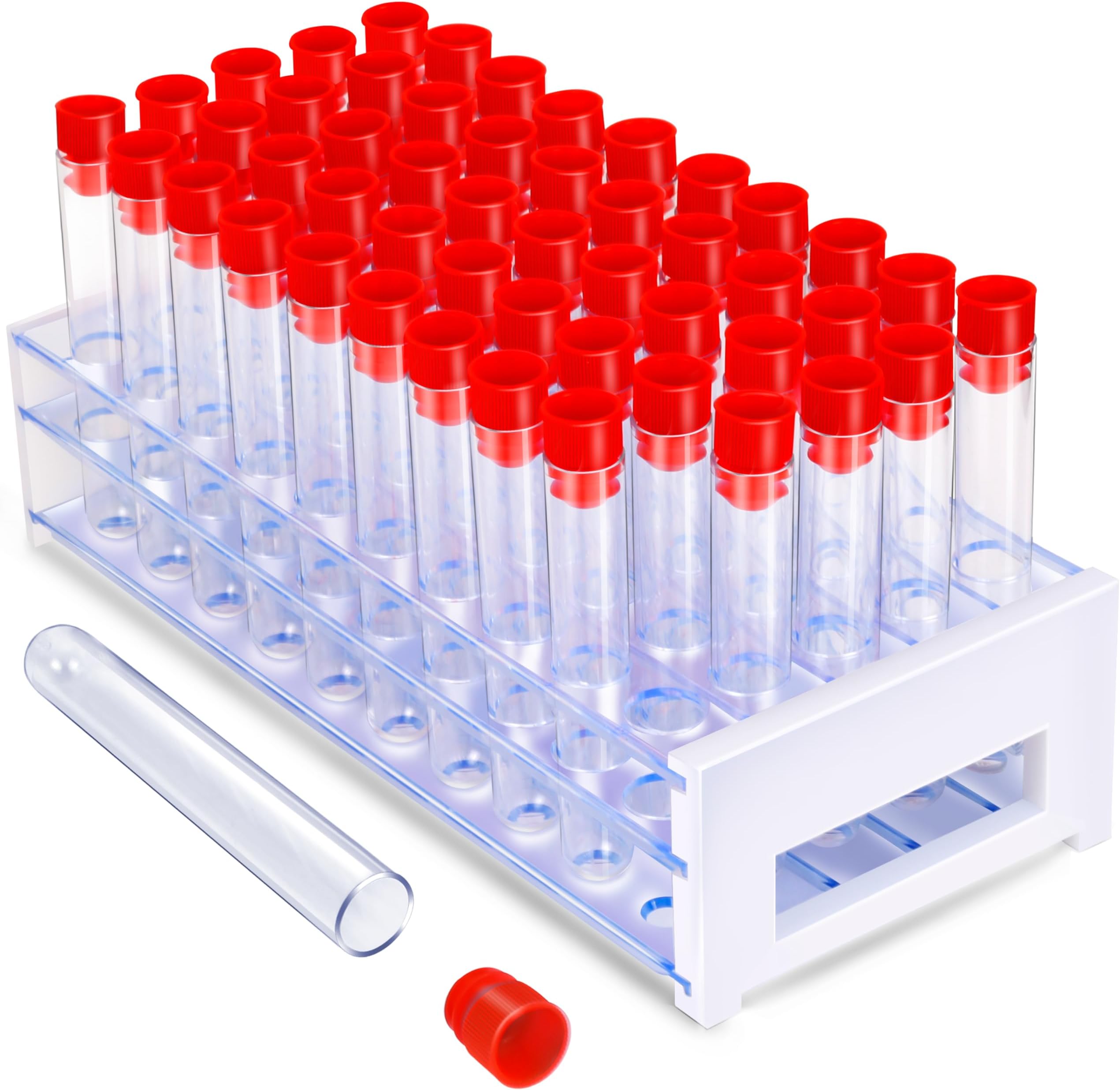 YGDZ Test Tubes with Rack, 50pcs 16x100mm Clear Plastic Test Tubes with Caps and Holder Rack for Nurse Party Decorations Halloween Party Favors