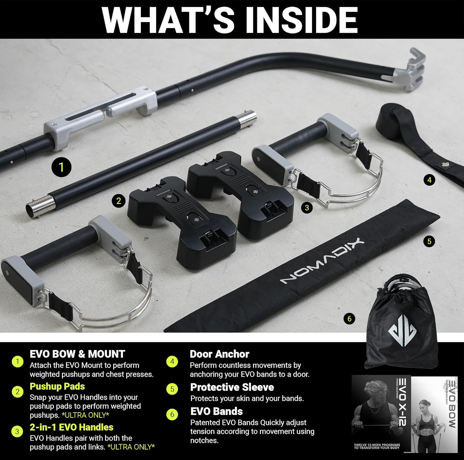 EVO Bow - All in One Portable Home Gym System with Ultra Weighted Push Up Board | Compact Strength Training and Exercise Equipment for Travel, Notched Resistance Bands for Full Body Training | 300lbs - Image 5