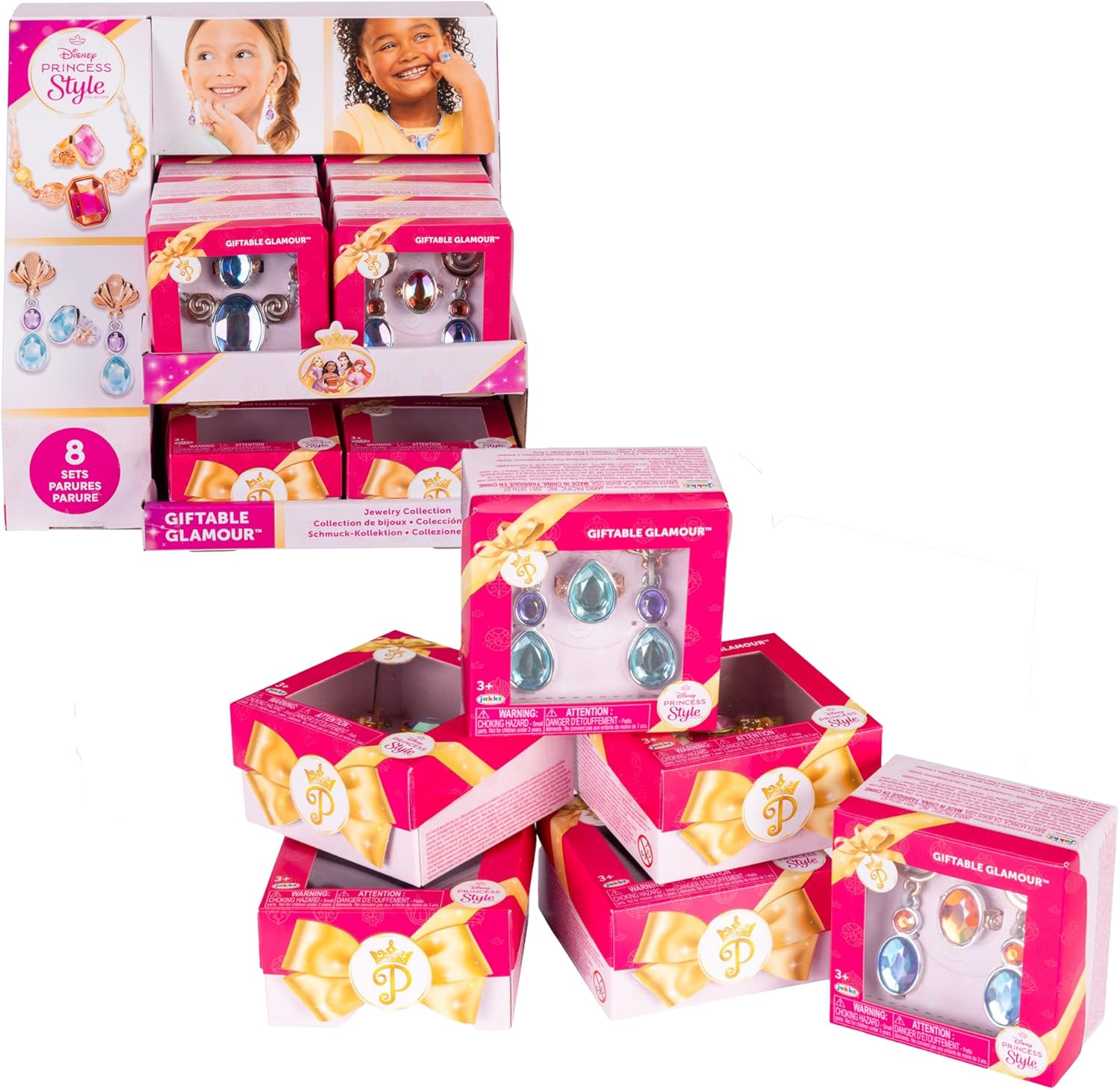 JAKKS Pacific Disney Princess Style Collection - New Giftable Glamour Jewelry Line! This PDQ Box Includes 16 Mini Jewelry Boxes (8) Dazzling Necklace and Ring Sets and (8) Earrings and Ring Sets