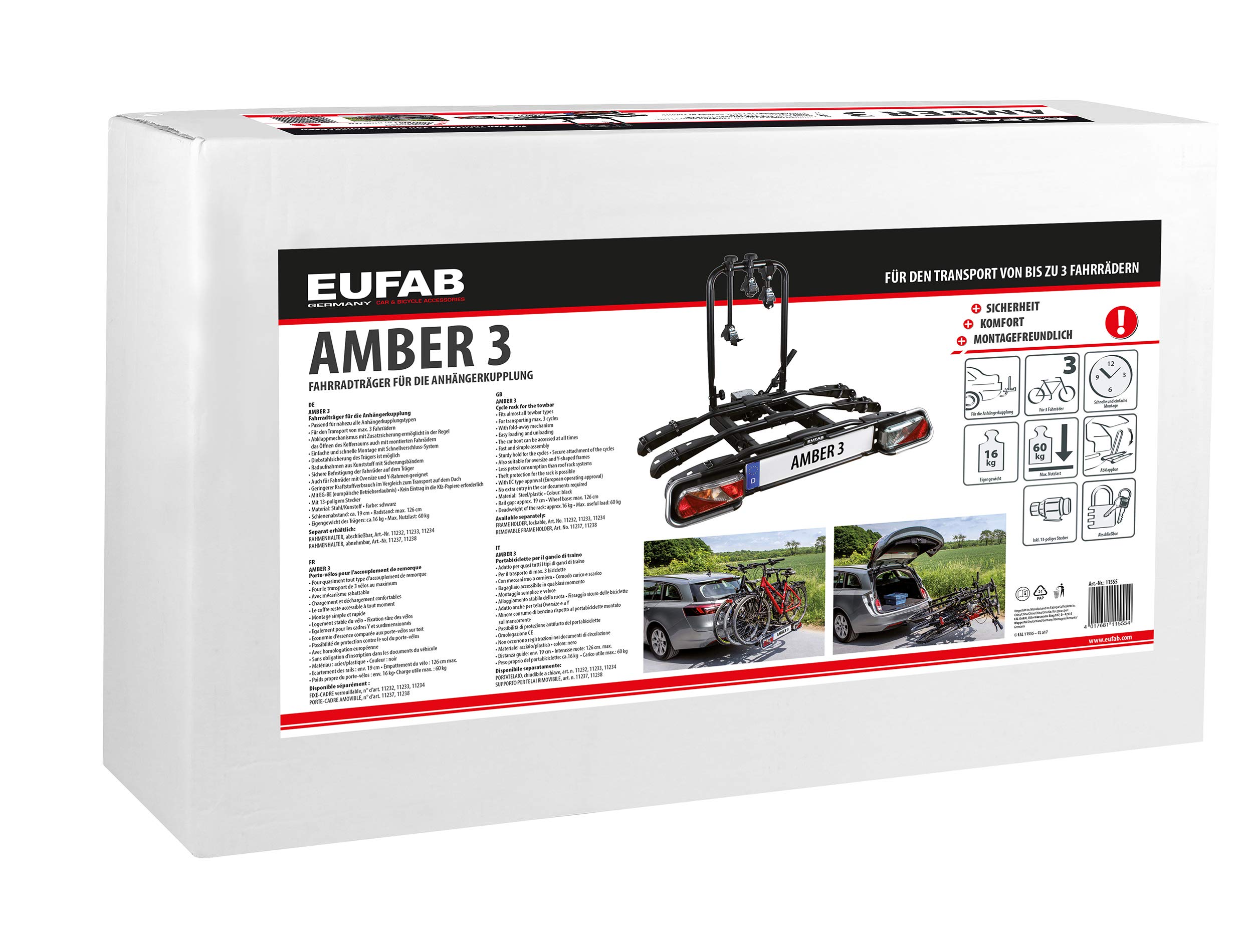 EUFAB 11555 Fahrradträger AMBER 3, E-Bike geeignet, teilweise vormontiert, Diebstahlschutz, für 3 Fahrräder, für Anhängerkupplung