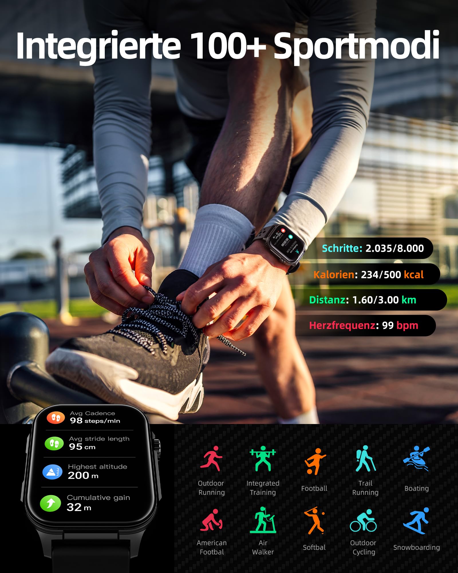 Parsonver Smartwatch Herren mit Eingebautem GPS, 10 Tage Akkulaufzeit | Fitness Watch mit Bluetooth Telefonfunktion, 100+ Sportmodi, Herzfrequenz, Schlafen, 400+ Zifferblätter, Kompass, Schwarz