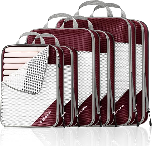 NICOSHOW 6 Set Compression Packing Cubes, Compressible Travel Packing Cubes Travel Essentials, Luggage Organizers for Carry-on Suitcase, Wine