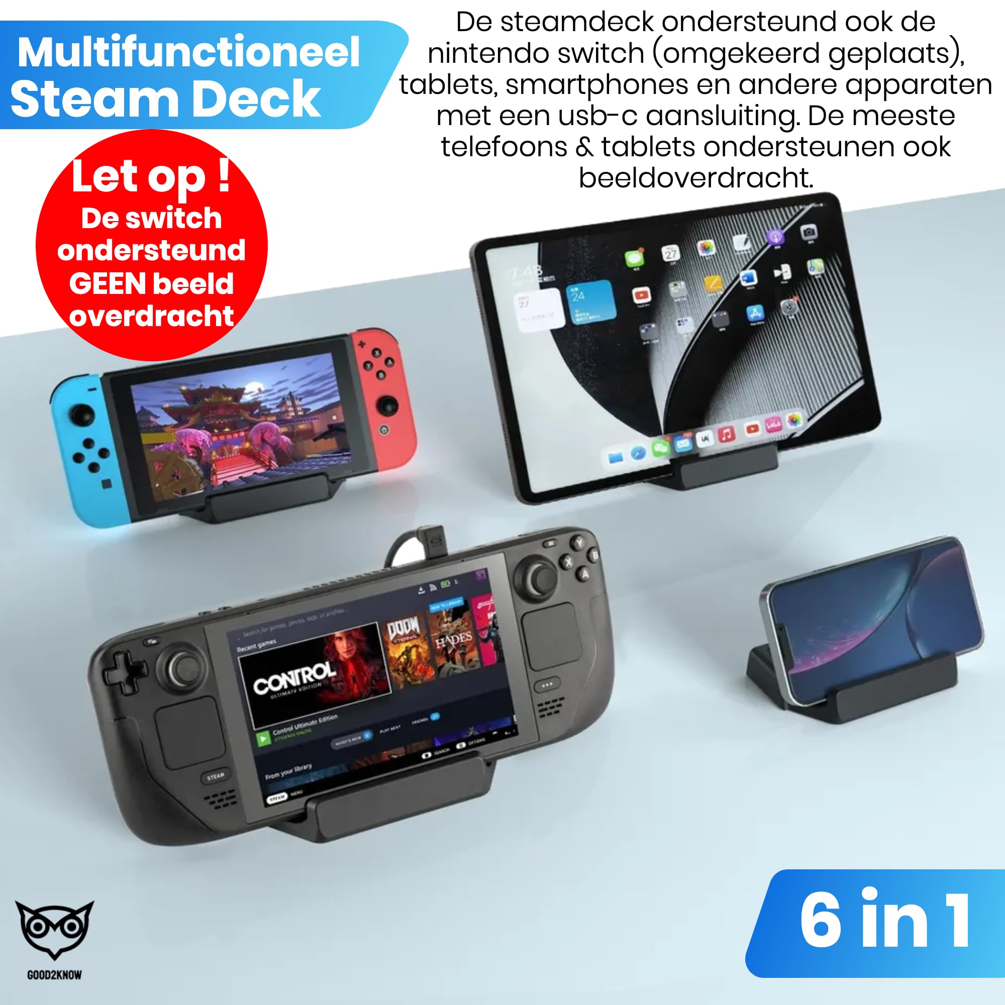 Good2know Steam Deck Dock - Docking station multifunzione per console Valve Steam Deck, switch, ipad - 6 in 1-4k hdmi - Ethernet - PD