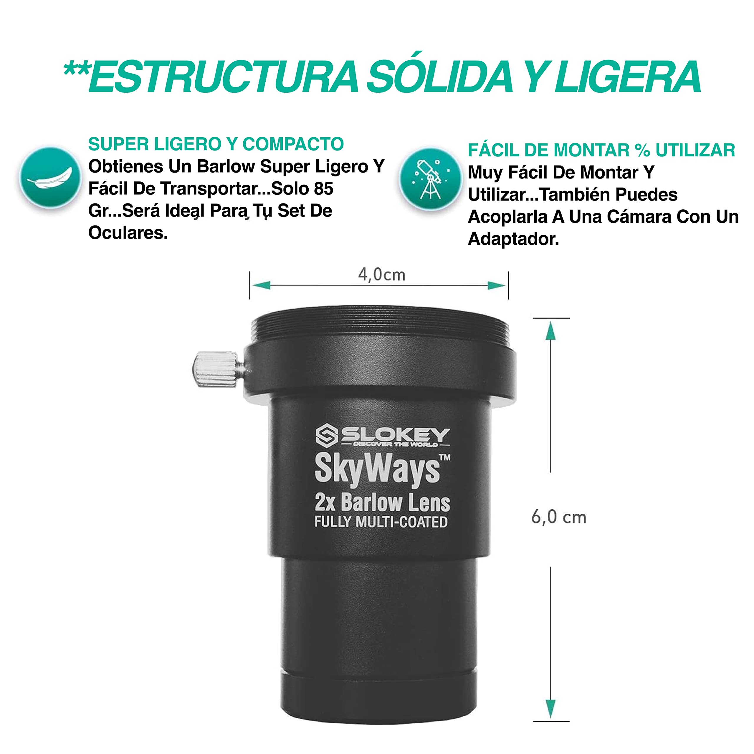 Lente Acromática Barlow 2X Pro Slokey SkyWays de Calidad Óptica Superior tratada con FMC y Anti-reflejante para una Imagen Nítida y Luminosa - Súper Ligera, Compacta y Resistente (1,25”)