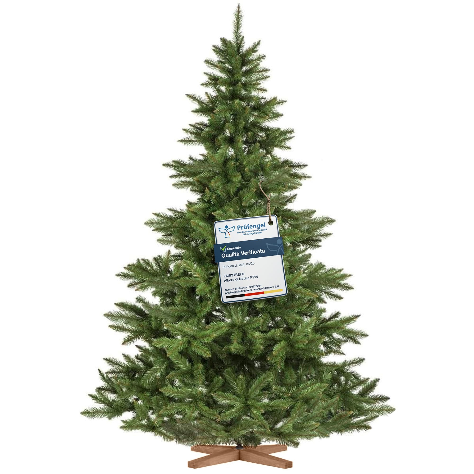 FairyTrees albero di Natale artificiale 220cm Abete Nordmann con supporto in legno | Albero di Natale artificiale con tronco verde | Facile da Montare | Prodotto in EU