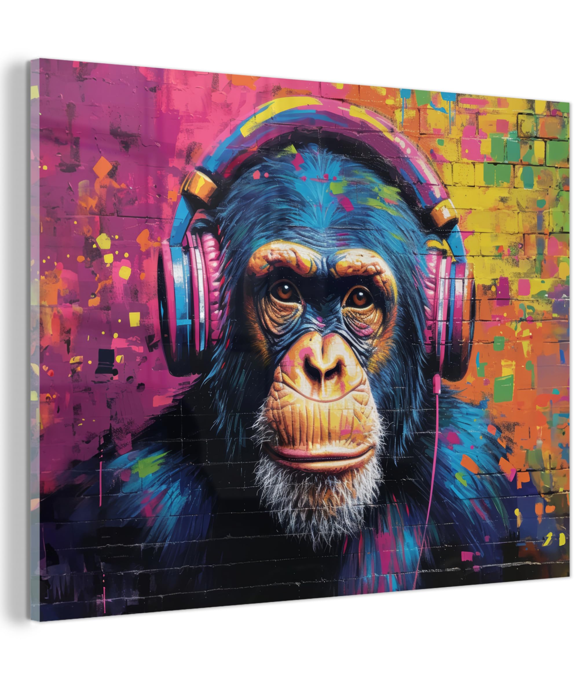MuchoWow© Bild auf Glas 80x60 cm Schlafzimmer Bilder Badezimmer Wand Deko Wohnzimmer Modern Wanddeko Bilderwand Geschenk Graffiti - Schimpanse - Streetart - Kopfhörer - Affe