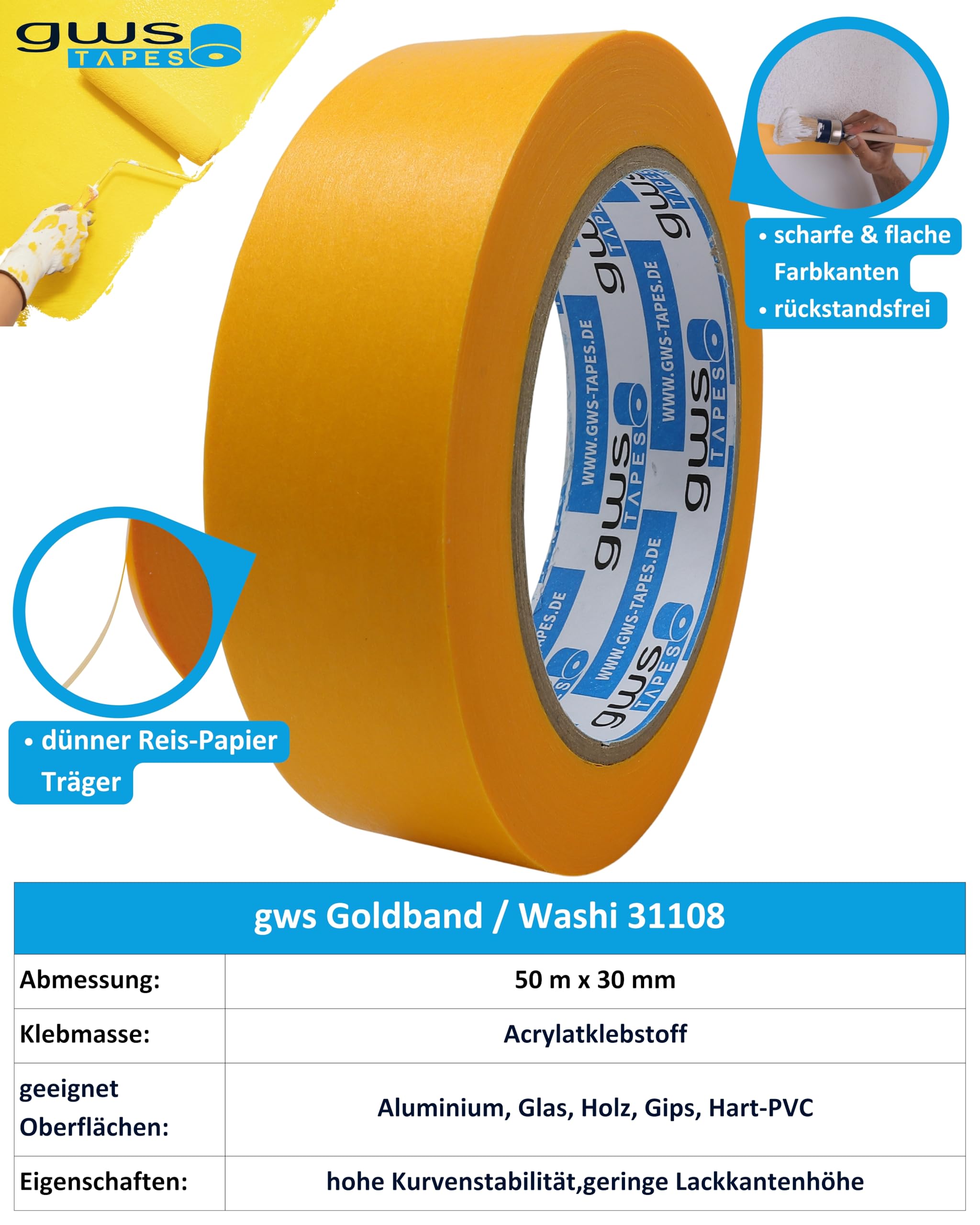 gws 48 Rollen Goldband, Malerband zum Abkleben zum Streichen, Malen, Lackieren, Basteln und vielem mehr, Maler-Abdeckklebeband, Rückstandsfrei entfernbar, dünn & stabil mit je 50 m x 30 mm
