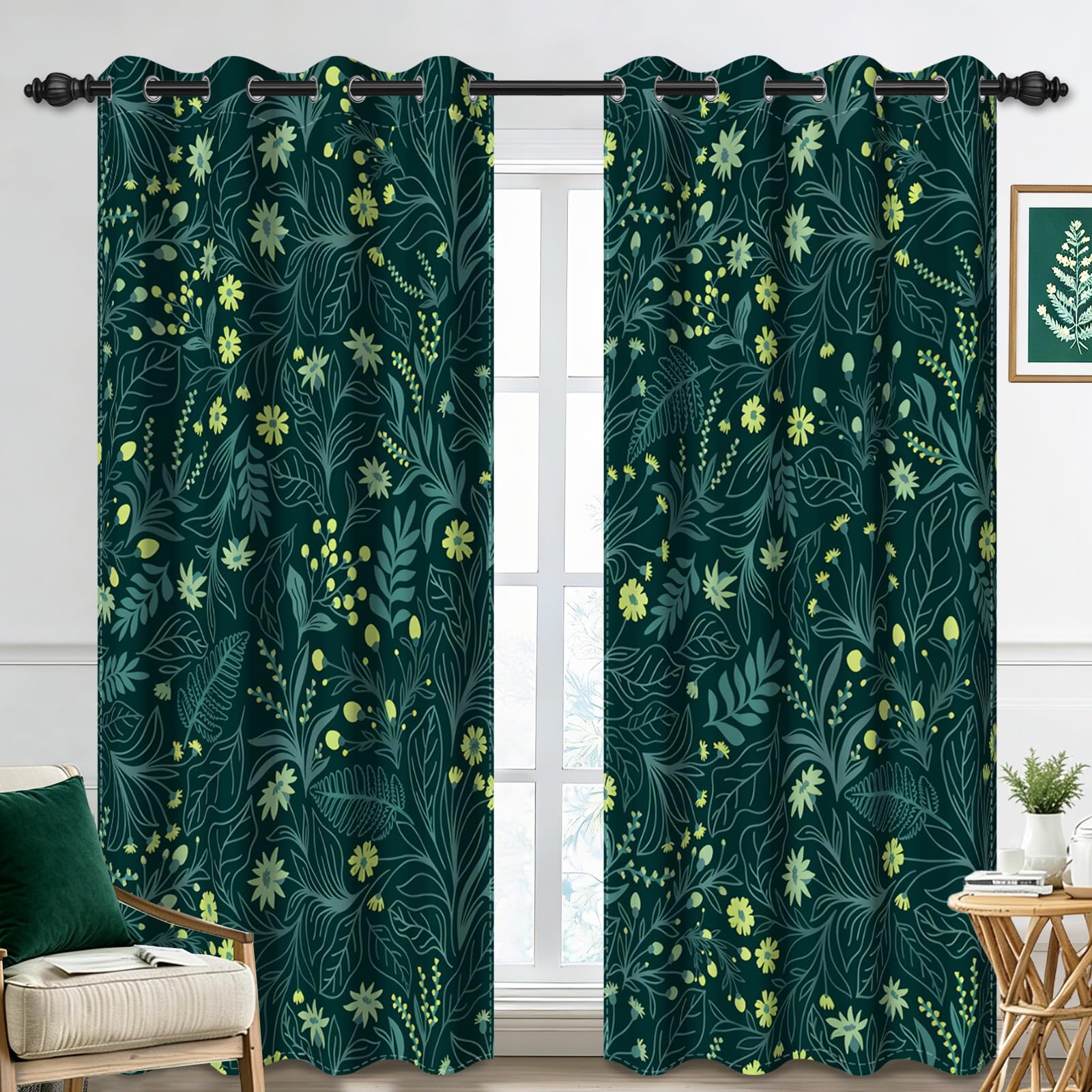 GICDSU Teal Green Boho Botanical Blackout Curtains 2 Panels, 52x84 Inch Chartreuse Plant Floral Rustic Curtains, Vintage Wildflower Thermal Insulated Grommet Window Drapes for Bedroom Living Room Dorm