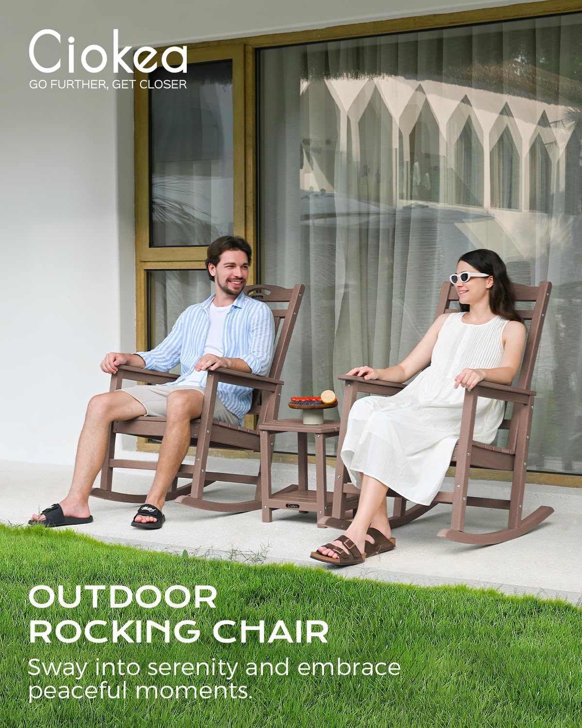 Oversized Rocking Chair Outdoor, HDPE Poly Rocking Chair, All Weather Porch Rocker for Deck Patio Balcony, 380lbs, Teak