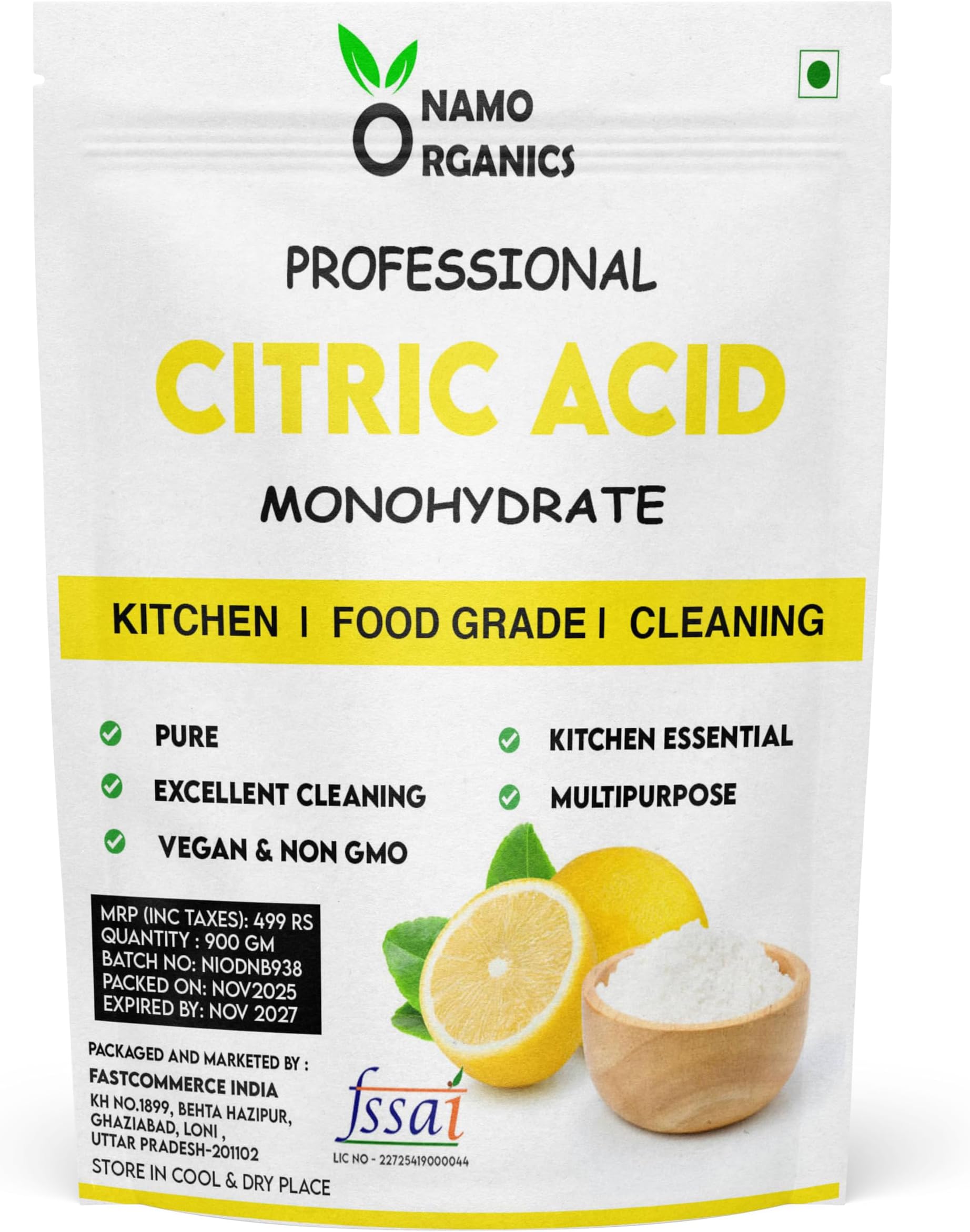 Namo Organics - Citric Acid Powder (Nimbu Sat) - 900 Gm - For Cleaning | Food Grade | Tatri | Multiple Uses for Home and Kitchen